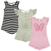 BTween 3-Pack Girls' Jumpsuits & Rompers, Sleeveless & Flutter Sleeve One Piece Overall Suit, Stripe/Floral/Butterfly/7-8