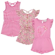 BTween 3-Pack Girls' Jumpsuits & Rompers, Sleeveless & Flutter Sleeve One Piece Overall Suit, Stripe/Floral/Heart/10-12