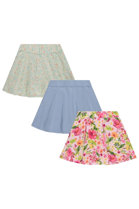 3 Pack Skorts for Girls - Kids Scooter Skirts - Skirt Layered Shorts - Floral Green/Pink, Solid Blue, Size 4-5