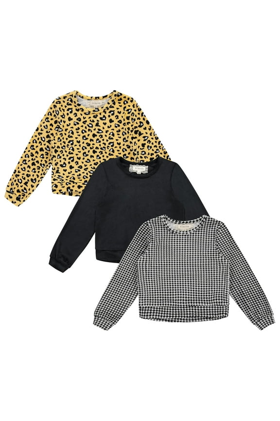 3-Piece Kids Long Sleeve Sweater Pack, Velour Comfort Sweaters for Girls, Plain & Print