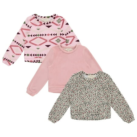 BTween 3-Piece Kids Long Sleeve Sweater Pack, Velour Comfort Sweaters for Girls, Plain & Print