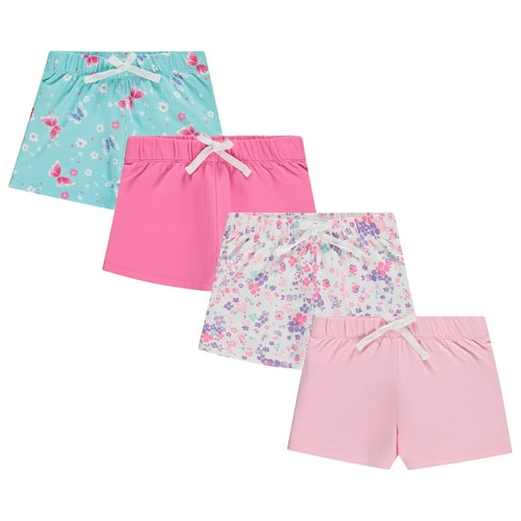 BTween 4-Pack Girls Shorts, Cotton French Terry Shorts for Girls, Kids Summer Clothing - Floral/Pink, 6-6X
