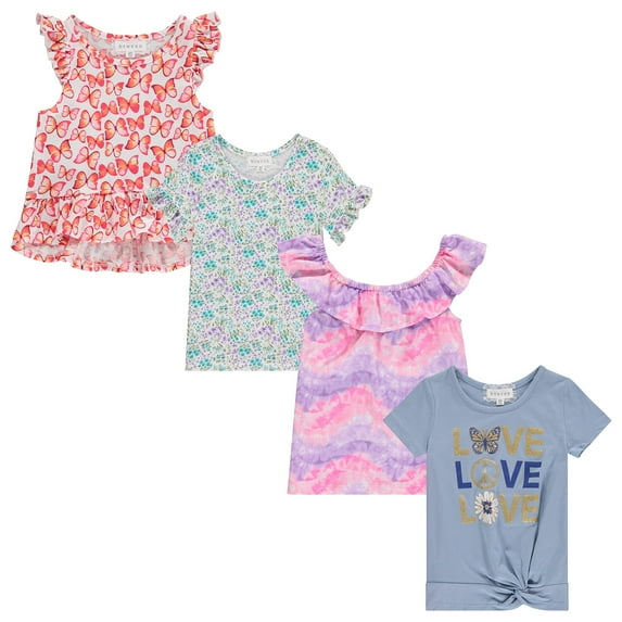 BTween 4-Pack Girls' Tops, Tees & Blouses - Short Sleeve Tshirts, Ruffle Top, Off Shoulder Shirt, Butterfly/Floral/Tie Dye/Love/14-16