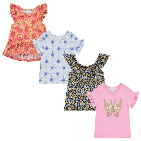 BTween 4-Pack Girls' Tops, Tees & Blouses - Short Sleeve Tshirts, Ruffle Top, Off Shoulder Shirt, Floral/Tie Dye/Butterfly/10-12