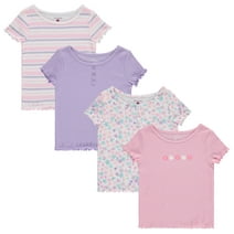 BTween 4-Pack Rib Knit Girls Tops - Short Sleeve Lettuce Trim Ribbed Girl Shirts - Purple/Pink, Size 14-16