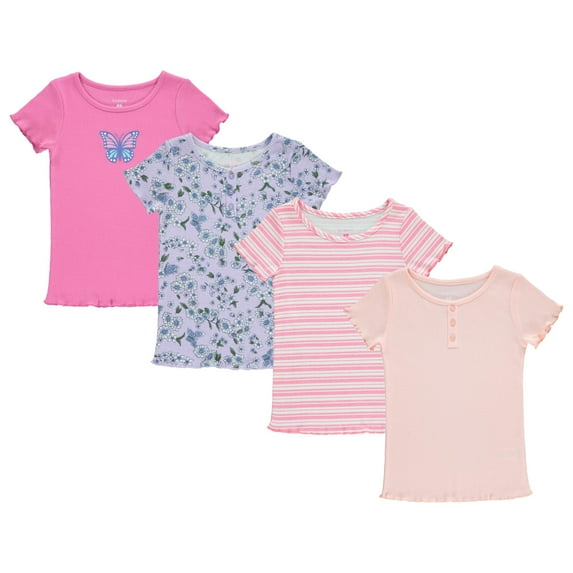 BTween 4-Pack Rib Knit Girls Tops - Short Sleeve Lettuce Trim Ribbed Girl Shirts - Size 10-12- Stripe/Floral/Solid