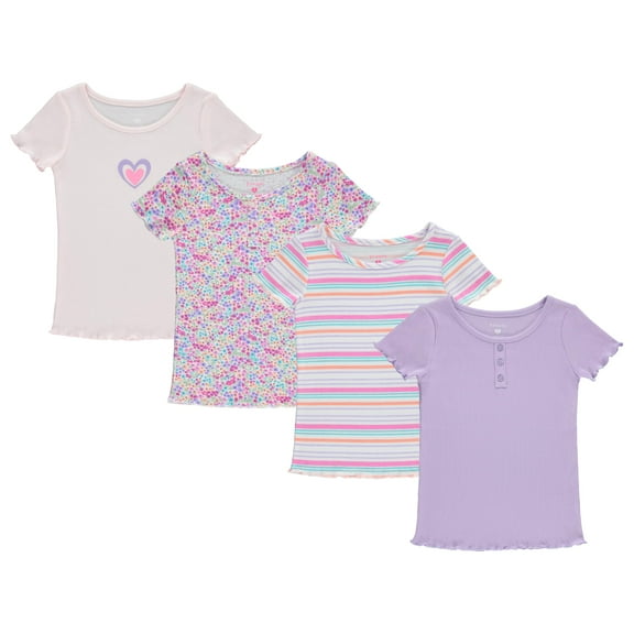 BTween 4-Pack Rib Knit Girls Tops - Short Sleeve Lettuce Trim Ribbed Girl Shirts - Stripe/Floral/Solid