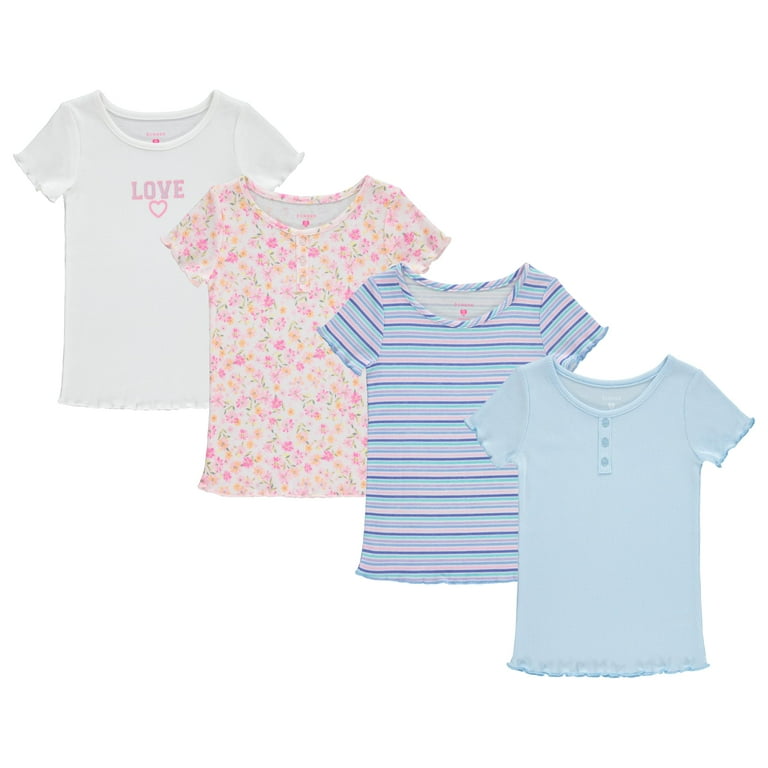 BTween 4-Pack Rib Knit Girls Tops - Short Sleeve Lettuce Trim