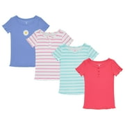 BTween 4-Pack Rib Knit Girls Tops - Short Sleeve Lettuce Trim Ribbed Girl Shirts - Stripe/Floral/Solid