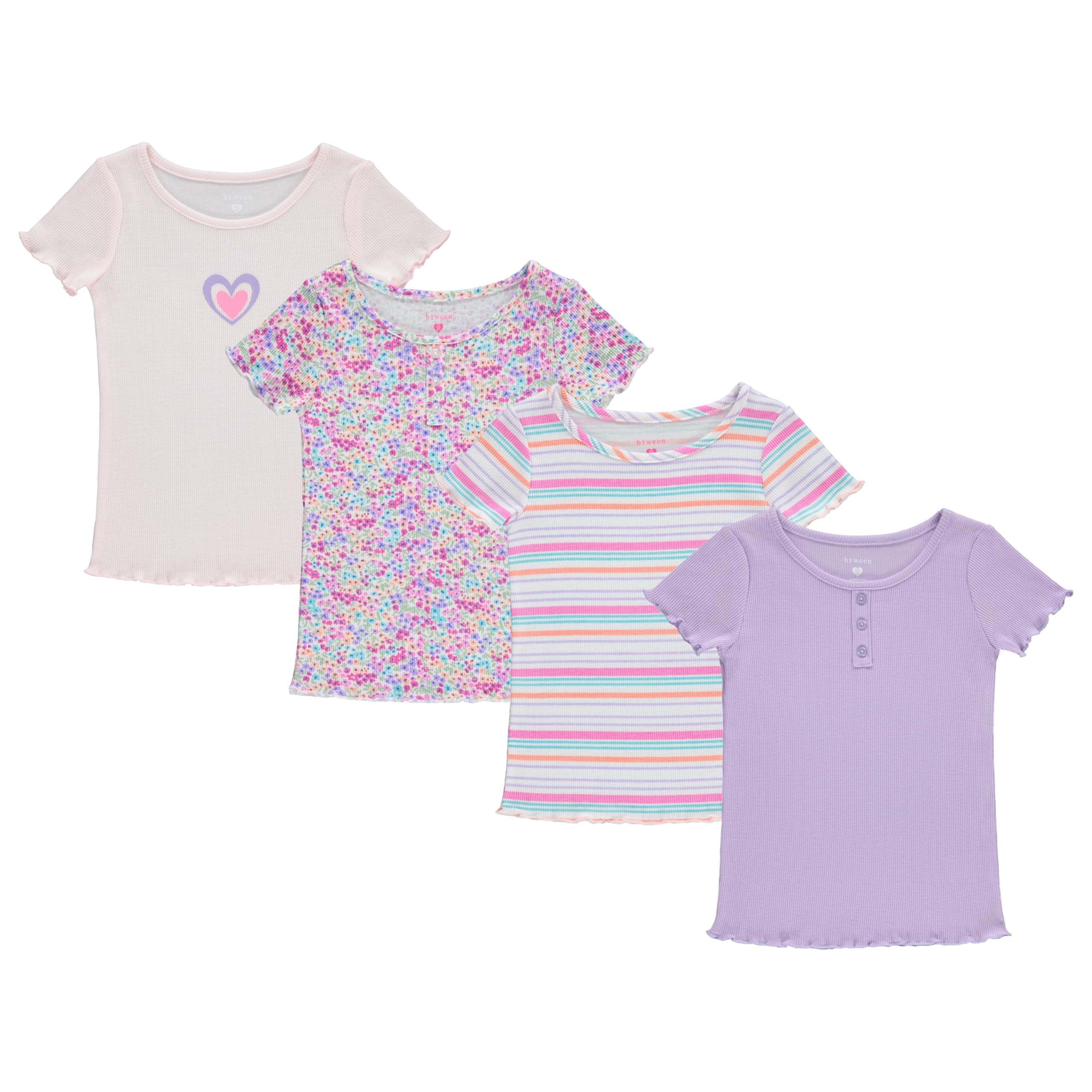 btween Girls Ribbed Short Sleeve Tops, Lettuce Trim, Floral, Stripe ...