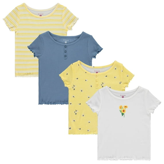 BTween 4-Pack Rib Knit Girls Tops - Short Sleeve Lettuce Trim Ribbed Girl Shirts - Yellow/Blue/White, Size 7-8