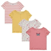 BTween 4-Pack Rib Knit Girls Tops - Short Sleeve Lettuce Trim Ribbed Girl Shirts - Yellow/Pink/White, Size 4-5