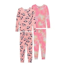 BTween 4-Piece Girls Pajamas, Long Sleeve Tie Dyed Pink Unicorn Girls' Pajama Sets, Size 4