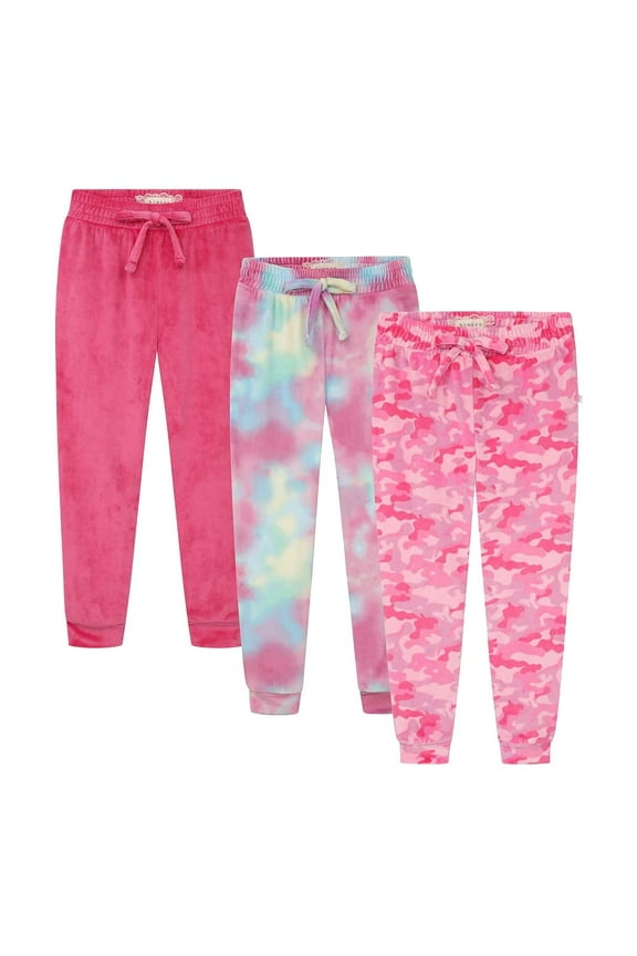 Girl's 3-Pack Velour Jogger Pant Set - Solid, Tie Dye, Camo Sweatpants for Girls, Pink Size 4/5