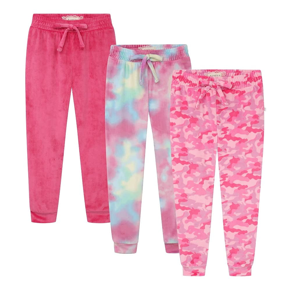 BTween Girl's 3-Pack Velour Jogger Pant Set - Solid and Tie Dye Sweatpants  for Girls, Black/Pink Size 10/12 