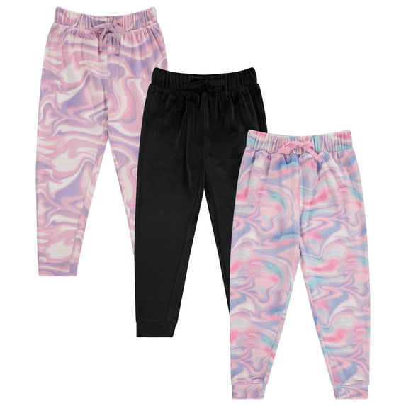 BTween Girl's 3-Pack Velour Jogger Pant Set - Solid, Tie Dye or Camo Sweatpants for Girls, MARBL,7/8