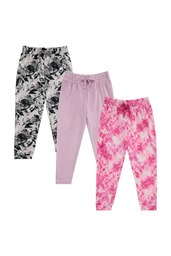 Girl's 3-Pack Velour Jogger Pant Set - Solid, Tie Dye or Camo Sweatpants for Girls, TDYE ,10/12