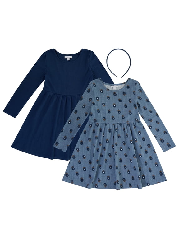 Girls 2 Pack Ribbed Fit & Flare Dresses, 100% Pima Cotton, Blue, Size 6