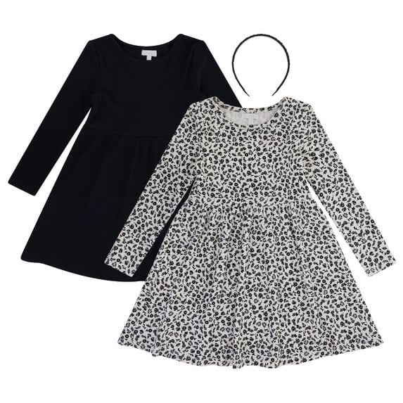BTween Girls 2 Pack Ribbed Fit & Flare Dresses, 100% Pima Cotton, Cloud, Size 4