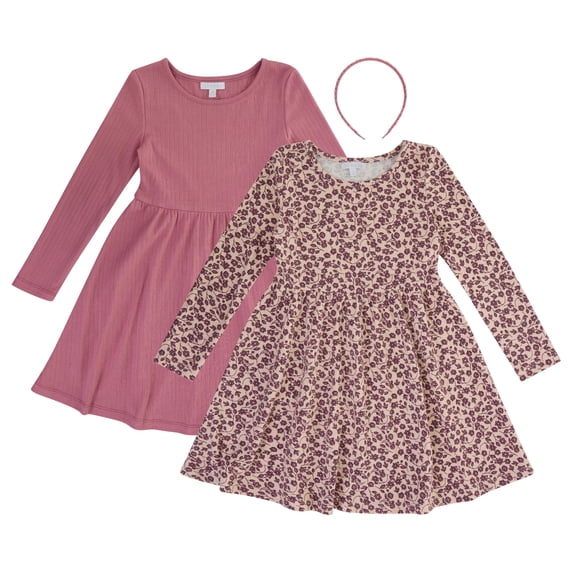 BTween Girls 2 Pack Ribbed Fit & Flare Dresses, 100% Pima Cotton, Macadamia, Size 6