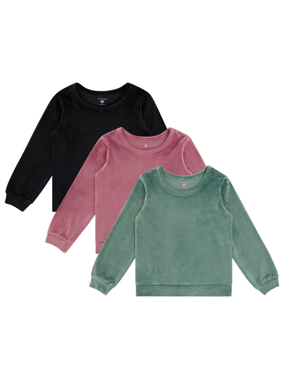 Girls' 3-Pack Velour Pullover Tops, Long Sleeve, Dark Forest, Size 10