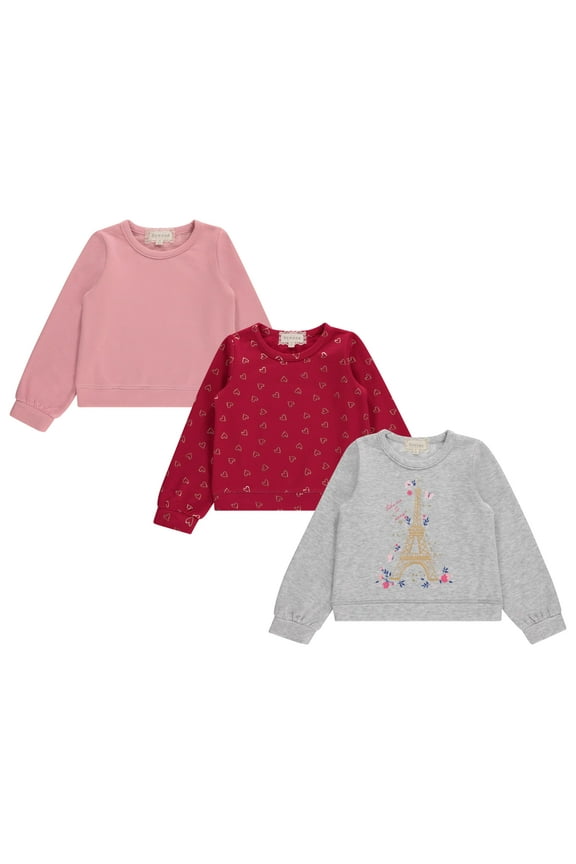 Girls 3 Piece Long Sleeve Crew Neck Pullovers, Fleece Sweatshirt for Youth Kids, ROSE ,7
