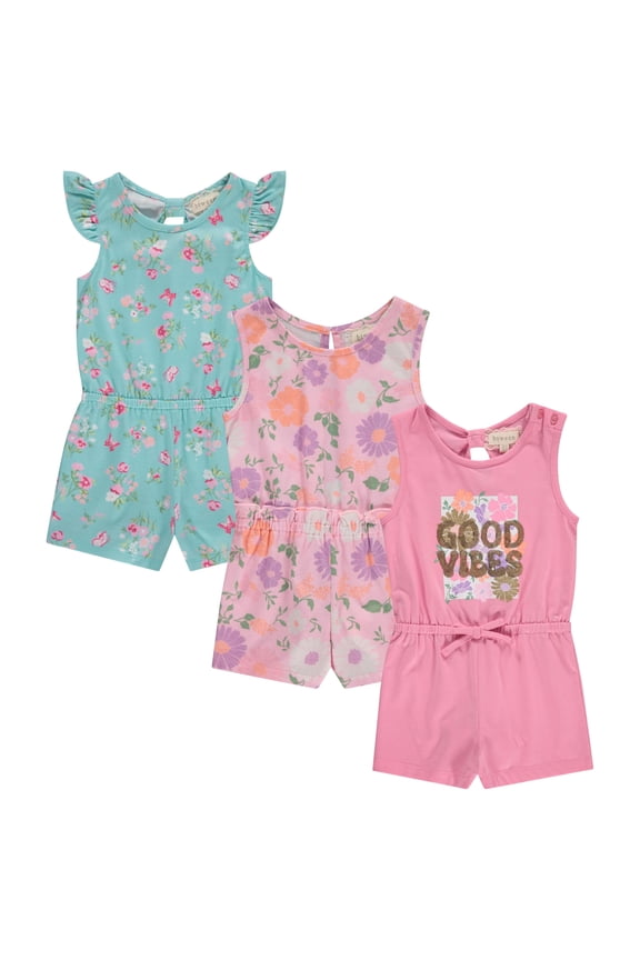 Girls’ 3-Pack Romper Set – Cute & Comfy Sleeveless Summer Jumpsuits for Kids – Floral, Striped & Solid Designs (4-16)