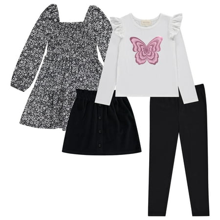 BTween Girls' 4-Pack Fall Outfit: Dress, Skirt, Tee, Leggings, Cotton Blend,HGREY,4