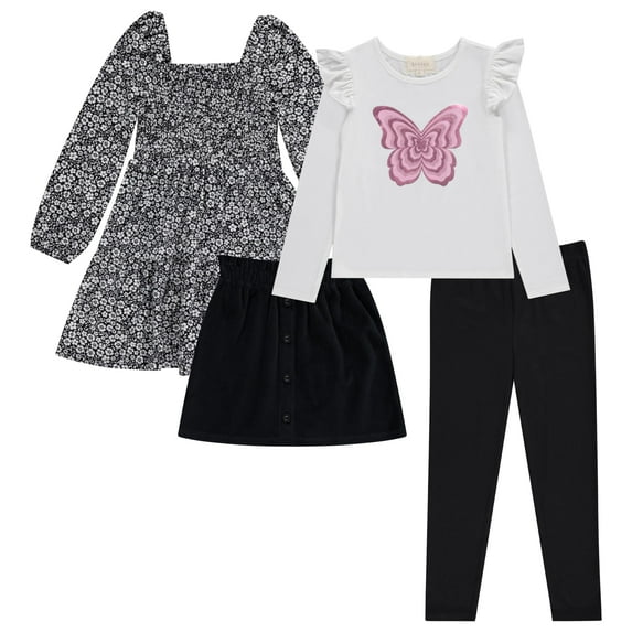 BTween Girls' 4-Pack Fall Outfit: Dress, Skirt, Tee, Leggings, HGREY, 7