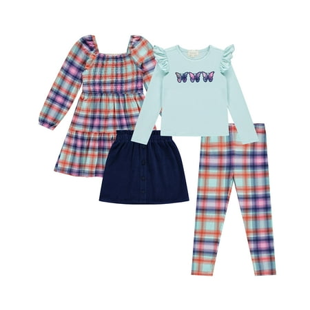 BTween Girls' 4-Pack Fall Outfit: Dress, Skirt, Tee, Leggings, Multi, 4