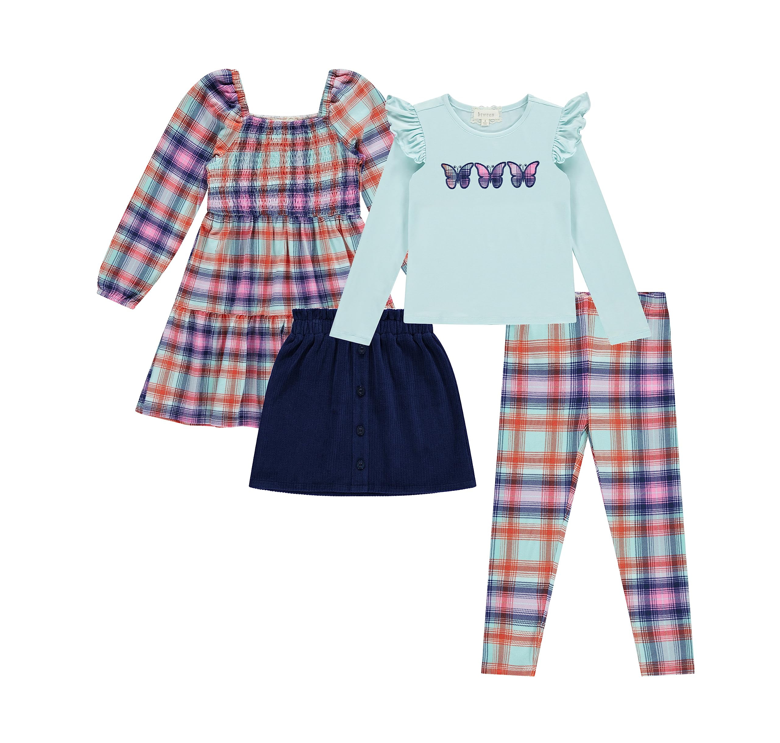 BTween Girls' 4-Pack Fall Outfit: Dress, Skirt, Tee, Leggings, Multi, 5
