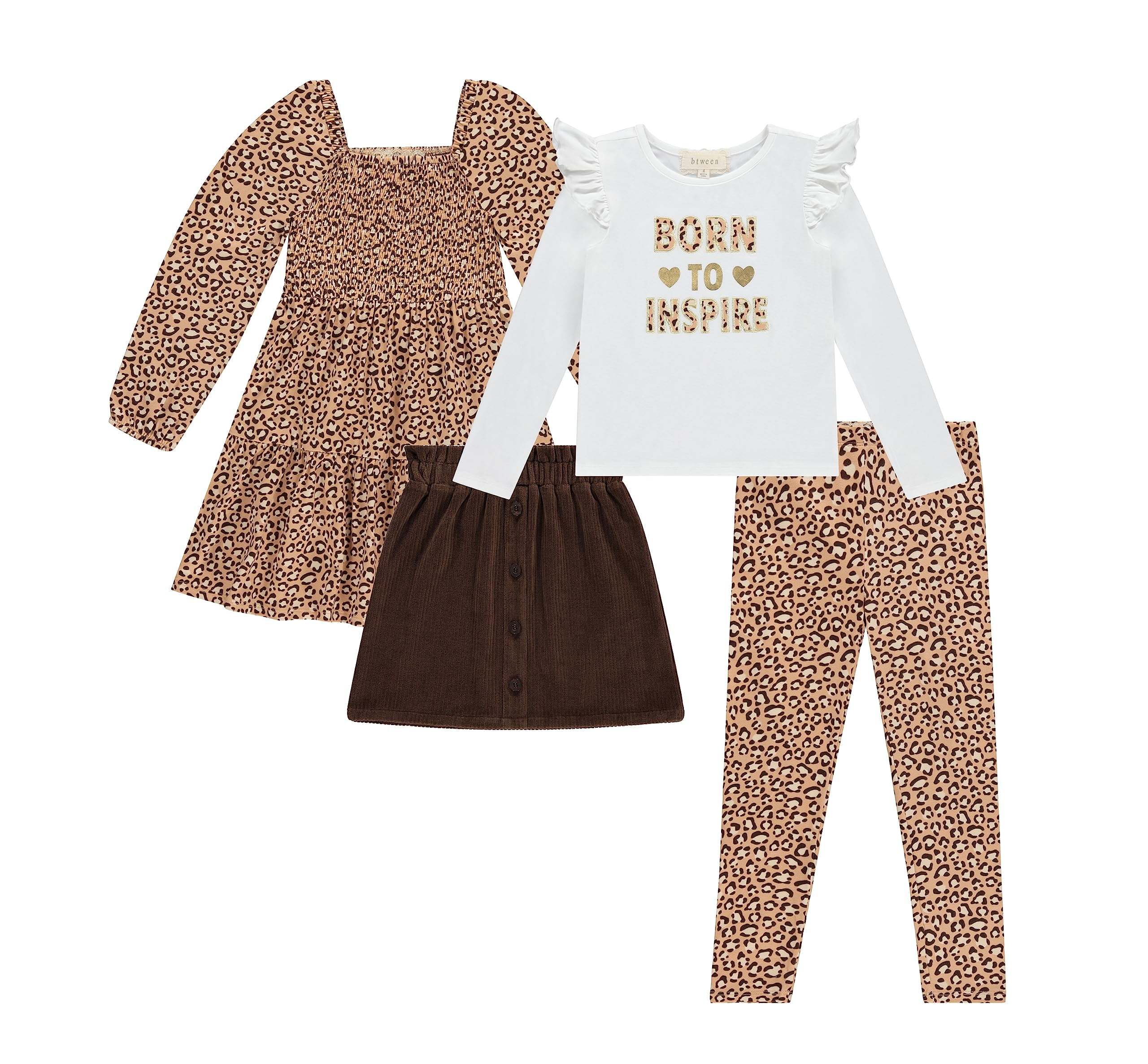 BTween Girls' 4-Pack Fall Outfit: Dress, Skirt, Tee, Leggings, Pink, 8
