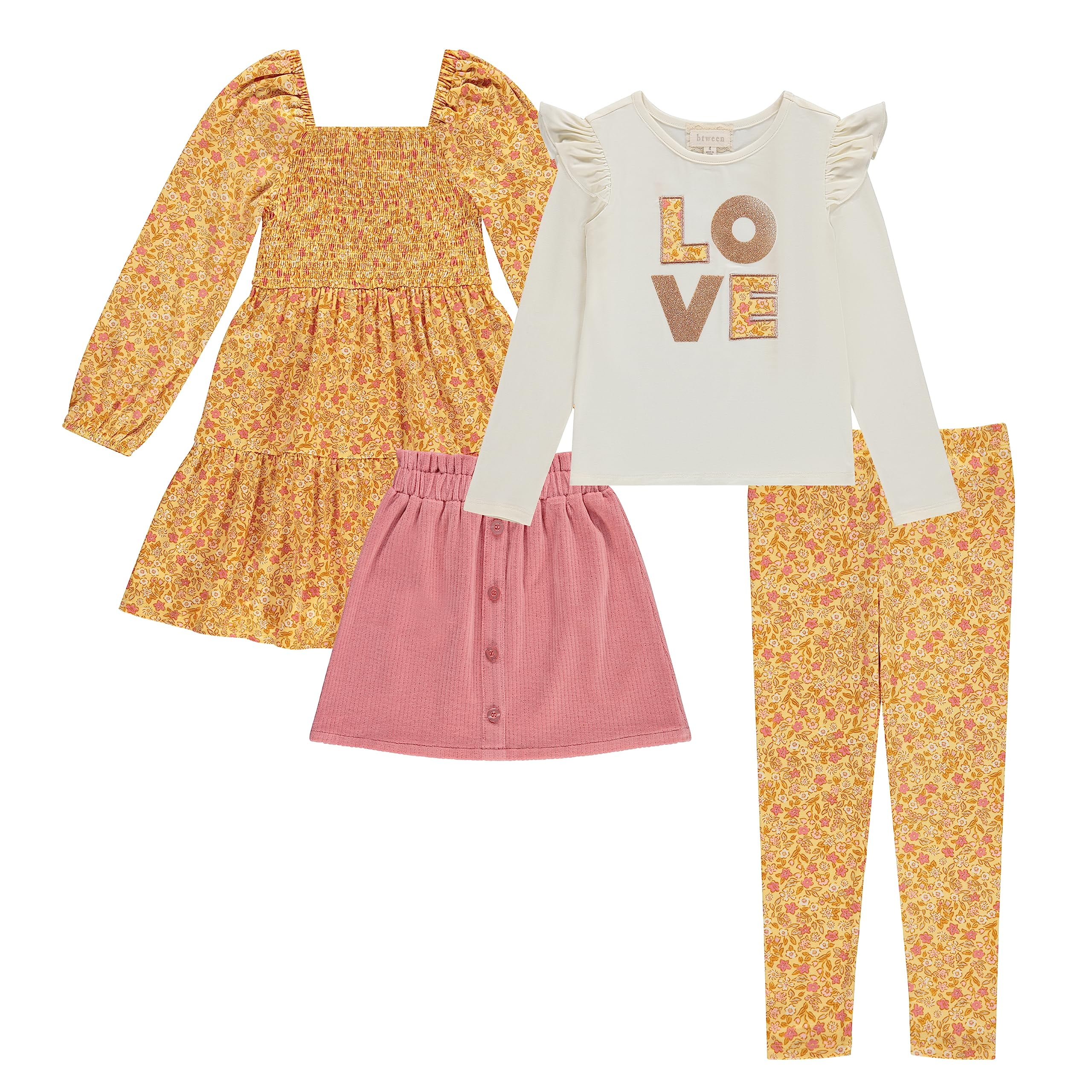 BTween Girls' 4-Pack Fall Outfit: Dress, Skirt, Tee, Leggings, Yellow, 4