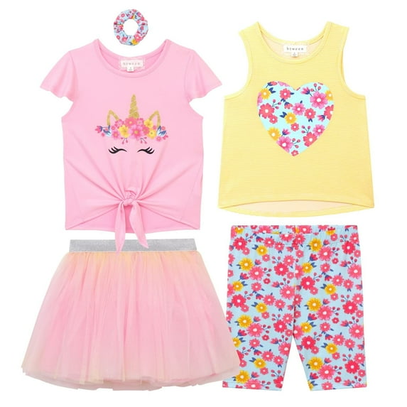 BTween Girls 4 Pack Floral Fashion Summer Clothes Set - Tutu Skirt Tank Top Short Sleeve and Biker Shorts with Hair Scrunchie - Unicorn & Heart, Size 5