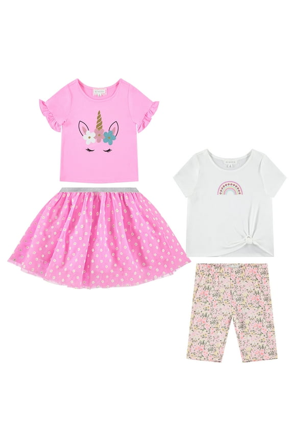 Girls 4 Pack Floral Fashion Summer Clothes Set - Tutu Skirt Tank Top Short Sleeve and Biker Shorts