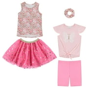 BTween Girls 4 Pack Floral Fashion Summer Clothes Set - Tutu Skirt Tank Top Short Sleeve and Biker Shorts