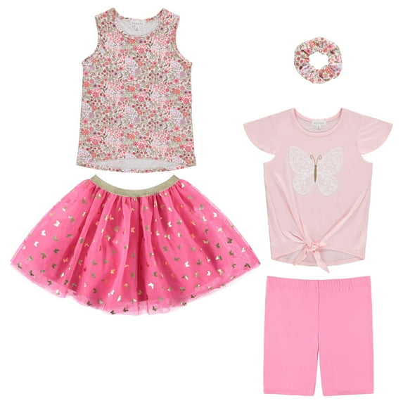 BTween Girls 4 Pack Floral Fashion Summer Clothes Set - Tutu Skirt Tank Top Short Sleeve and Biker Shorts