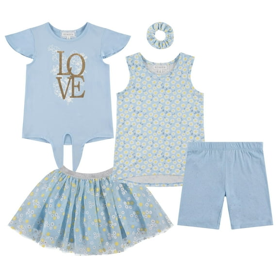 BTween Girls 4 Pack Floral Fashion Summer Clothes Set - Tutu Skirt Tank Top Short Sleeve and Biker Shorts