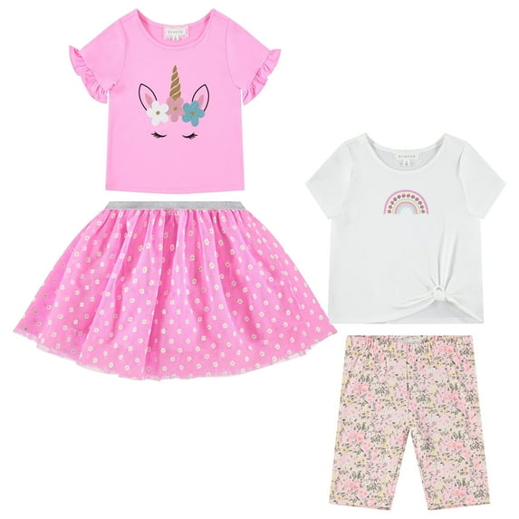 BTween Girls 4 Pack Floral Fashion Summer Clothes Set - Tutu Skirt Tank Top Short Sleeve and Biker Shorts