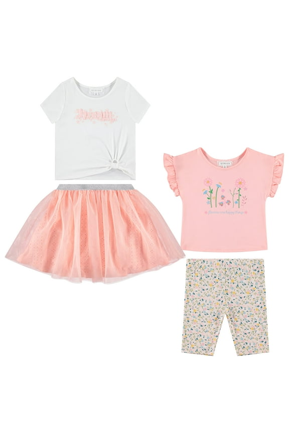 Girls 4 Pack Floral Fashion Summer Clothes Set - Tutu Skirt Tank Top Short Sleeve and Biker Shorts