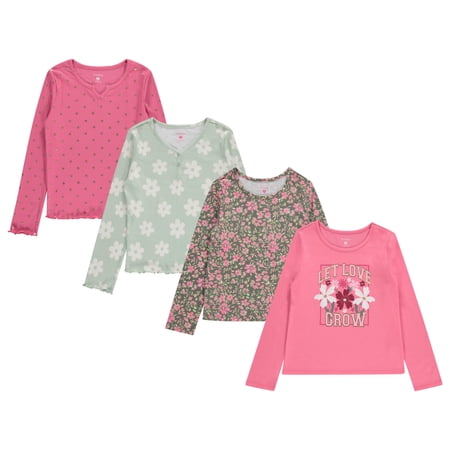 BTween Girls 4-Pack Long Sleeve Fashion Ribbed Tops - 100% Cotton, Fun & Vibrant Designs, FLOWR,7/8