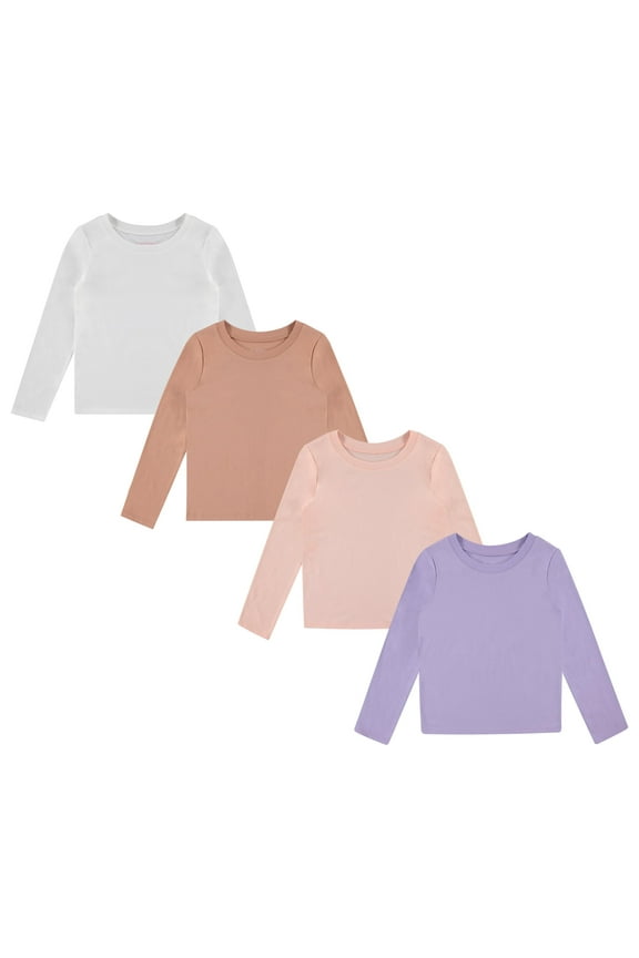 Girls 4-Pack Long Sleeve Graphic T-Shirts - 100% Cotton, Fun & Vibrant Designs, BASC1,7/8