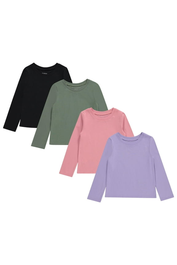 Girls 4-Pack Long Sleeve Graphic T-Shirts - 100% Cotton, Fun & Vibrant Designs, BASIC,7/8