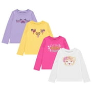 BTween Girls 4-Pack Long Sleeve Graphic T-Shirts - 100% Cotton, Fun & Vibrant Designs, White, 4/5