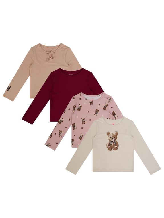 Girls 4 Pack Long Sleeve Graphic Tops, Bear, Size 6