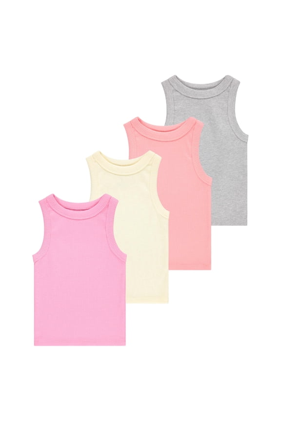 Girls 4 Pack Ribbed Tank Tops Sleeveless Cotton Blend Tees for Everyday Wear, Layering, or Summer Outfits (Sizes 4-14)