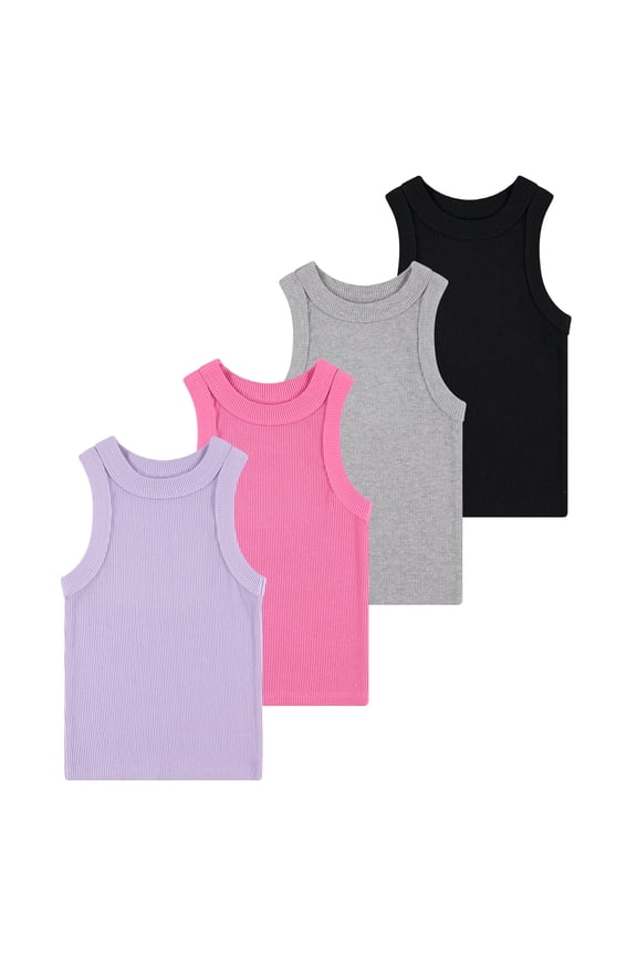 Girls 4 Pack Ribbed Tank Tops Sleeveless Cotton Blend Tees for Everyday Wear, Layering, or Summer Outfits (Sizes 4-14)