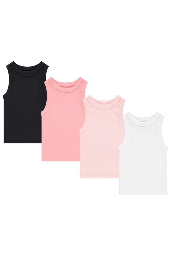 Girls 4 Pack Ribbed Tank Tops Sleeveless Cotton Blend Tees for Everyday Wear, Layering, or Summer Outfits (Sizes 4-14)