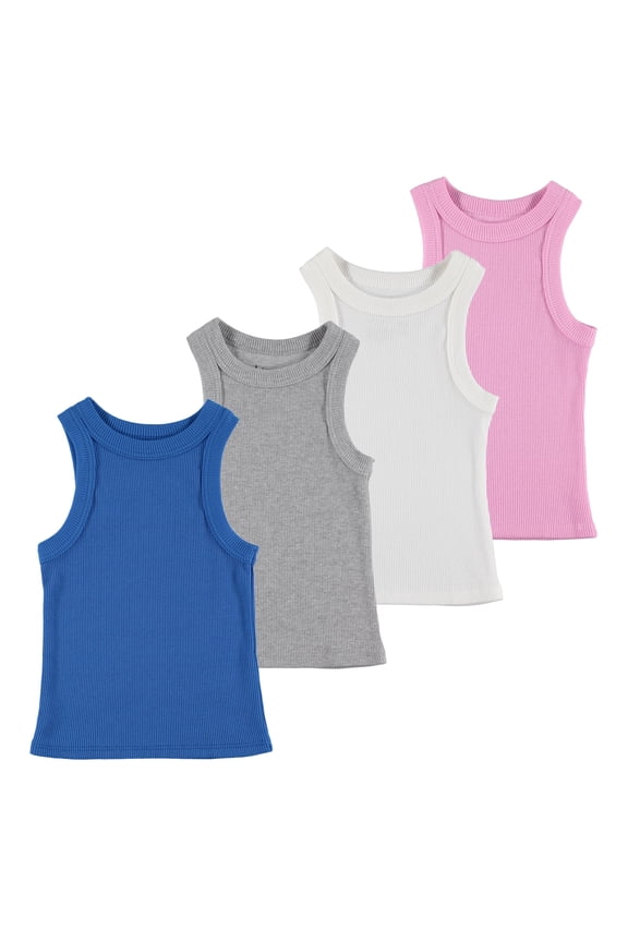 Girls 4 Pack Ribbed Tank Tops Sleeveless Cotton Blend Tees for Everyday Wear, Layering, or Summer Outfits (Sizes 4-14)