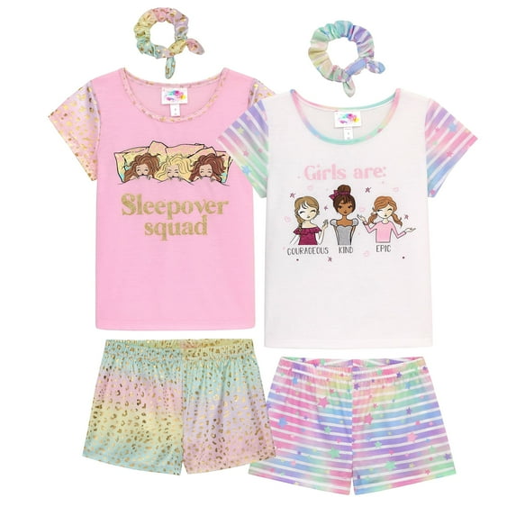BTween Girls 4 Pack Sleep Shirt Shorts & Scrunchie Lounging Summer Sleepwear Pajama Set - Sleepover Squad & Girls Are, Size 16